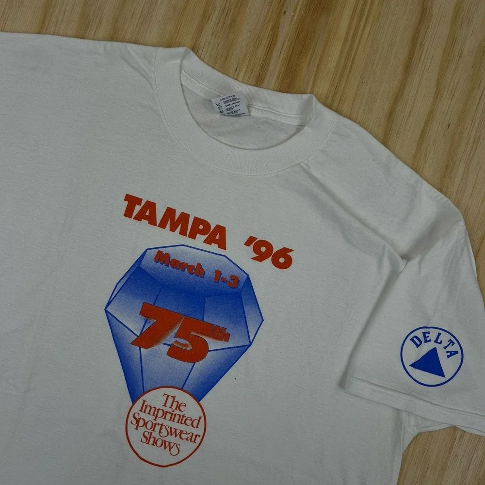 Vintage 1996 Delta Tampa T-Shirt Imprinted Sportswear‎ Show T Shirt XL White